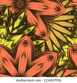 Seamless floral background. Tracery handmade nature ethnic fabric backdrop pattern with flowers. Textile design texture. Decorative color art. Vector