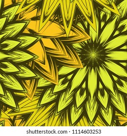 Seamless floral background. Tracery handmade nature ethnic fabric backdrop pattern with flowers. Textile design texture. Decorative color art. Vector
