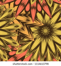 Seamless floral background. Tracery handmade nature ethnic fabric backdrop pattern with flowers. Textile design texture. Decorative color art. Vector