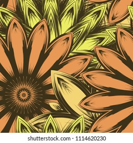 Seamless floral background. Tracery handmade nature ethnic fabric backdrop pattern with flowers. Textile design texture. Decorative color art. Vector