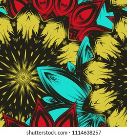 Seamless floral background. Tracery handmade nature ethnic fabric backdrop pattern with flowers. Textile design texture. Decorative color art. Vector