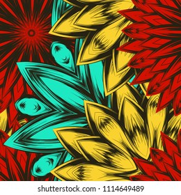 Seamless floral background. Tracery handmade nature ethnic fabric backdrop pattern with flowers. Textile design texture. Decorative color art. Vector