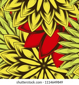 Seamless floral background. Tracery handmade nature ethnic fabric backdrop pattern with flowers. Textile design texture. Decorative color art. Vector