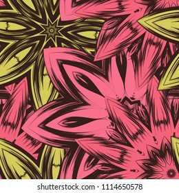 Seamless floral background. Tracery handmade nature ethnic fabric backdrop pattern with flowers. Textile design texture. Decorative color art. Vector