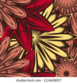 Seamless floral background. Tracery handmade nature ethnic fabric backdrop pattern with flowers. Textile design texture. Decorative color art. Vector