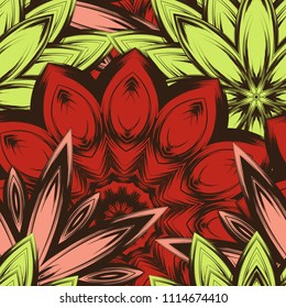 Seamless floral background. Tracery handmade nature ethnic fabric backdrop pattern with flowers. Textile design texture. Decorative color art. Vector