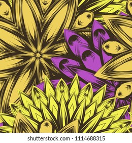 Seamless floral background. Tracery handmade nature ethnic fabric backdrop pattern with flowers. Textile design texture. Decorative color art. Vector