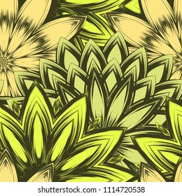 Seamless floral background. Tracery handmade nature ethnic fabric backdrop pattern with flowers. Textile design texture. Decorative color art. Vector