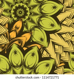 Seamless floral background. Tracery handmade nature ethnic fabric backdrop pattern with flowers. Textile design texture. Decorative color art. Vector