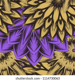 Seamless floral background. Tracery handmade nature ethnic fabric backdrop pattern with flowers. Textile design texture. Decorative color art. Vector