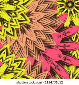 Seamless floral background. Tracery handmade nature ethnic fabric backdrop pattern with flowers. Textile design texture. Decorative color art. Vector