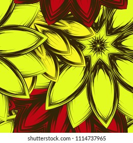 Seamless floral background. Tracery handmade nature ethnic fabric backdrop pattern with flowers. Textile design texture. Decorative color art. Vector