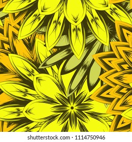 Seamless floral background. Tracery handmade nature ethnic fabric backdrop pattern with flowers. Textile design texture. Decorative color art. Vector