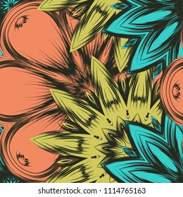 Seamless floral background. Tracery handmade nature ethnic fabric backdrop pattern with flowers. Textile design texture. Decorative color art. Vector