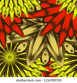 Seamless floral background. Tracery handmade nature ethnic fabric backdrop pattern with flowers. Textile design texture. Decorative color art. Vector