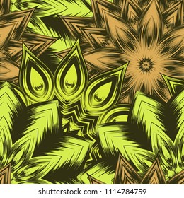 Seamless floral background. Tracery handmade nature ethnic fabric backdrop pattern with flowers. Textile design texture. Decorative color art. Vector