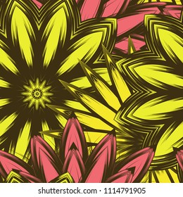 Seamless floral background. Tracery handmade nature ethnic fabric backdrop pattern with flowers. Textile design texture. Decorative color art. Vector