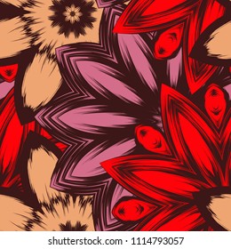 Seamless floral background. Tracery handmade nature ethnic fabric backdrop pattern with flowers. Textile design texture. Decorative color art. Vector