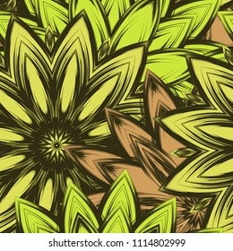 Seamless floral background. Tracery handmade nature ethnic fabric backdrop pattern with flowers. Textile design texture. Decorative color art. Vector