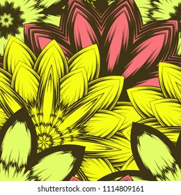 Seamless floral background. Tracery handmade nature ethnic fabric backdrop pattern with flowers. Textile design texture. Decorative color art. Vector