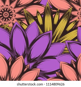 Seamless floral background. Tracery handmade nature ethnic fabric backdrop pattern with flowers. Textile design texture. Decorative color art. Vector