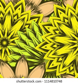 Seamless floral background. Tracery handmade nature ethnic fabric backdrop pattern with flowers. Textile design texture. Decorative color art. Vector