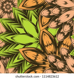 Seamless floral background. Tracery handmade nature ethnic fabric backdrop pattern with flowers. Textile design texture. Decorative color art. Vector