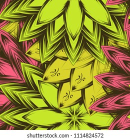Seamless floral background. Tracery handmade nature ethnic fabric backdrop pattern with flowers. Textile design texture. Decorative color art. Vector