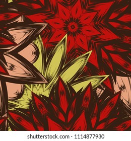 Seamless floral background. Tracery handmade nature ethnic fabric backdrop pattern with flowers. Textile design texture. Decorative color art. Vector