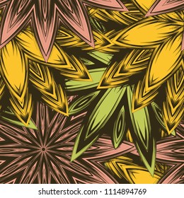 Seamless floral background. Tracery handmade nature ethnic fabric backdrop pattern with flowers. Textile design texture. Decorative color art. Vector