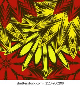 Seamless floral background. Tracery handmade nature ethnic fabric backdrop pattern with flowers. Textile design texture. Decorative color art. Vector