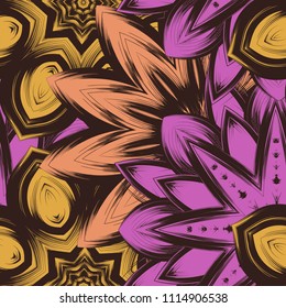 Seamless floral background. Tracery handmade nature ethnic fabric backdrop pattern with flowers. Textile design texture. Decorative color art. Vector