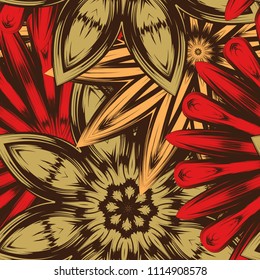 Seamless floral background. Tracery handmade nature ethnic fabric backdrop pattern with flowers. Textile design texture. Decorative color art. Vector