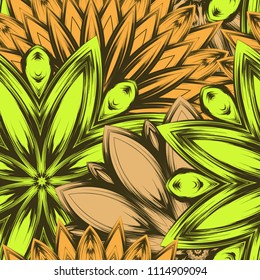 Seamless floral background. Tracery handmade nature ethnic fabric backdrop pattern with flowers. Textile design texture. Decorative color art. Vector