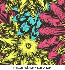 Seamless floral background. Tracery handmade nature ethnic fabric backdrop pattern with flowers. Textile design texture. Decorative color art. Vector