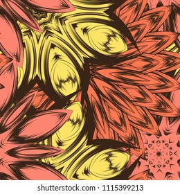 Seamless floral background. Tracery handmade nature ethnic fabric backdrop pattern with flowers. Textile design texture. Decorative color art. Vector