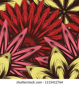 Seamless floral background. Tracery handmade nature ethnic fabric backdrop pattern with flowers. Textile design texture. Decorative color art. Vector