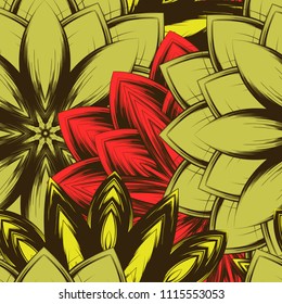 Seamless floral background. Tracery handmade nature ethnic fabric backdrop pattern with flowers. Textile design texture. Decorative color art. Vector