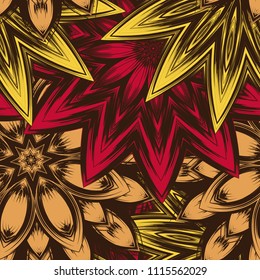 Seamless floral background. Tracery handmade nature ethnic fabric backdrop pattern with flowers. Textile design texture. Decorative color art. Vector