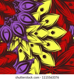 Seamless floral background. Tracery handmade nature ethnic fabric backdrop pattern with flowers. Textile design texture. Decorative color art. Vector