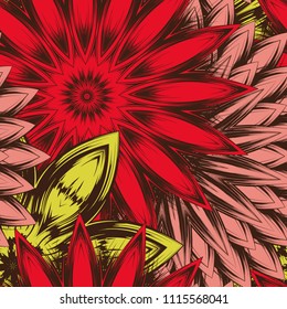 Seamless floral background. Tracery handmade nature ethnic fabric backdrop pattern with flowers. Textile design texture. Decorative color art. Vector