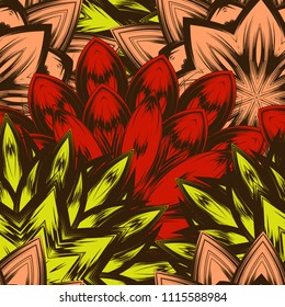 Seamless floral background. Tracery handmade nature ethnic fabric backdrop pattern with flowers. Textile design texture. Decorative color art. Vector