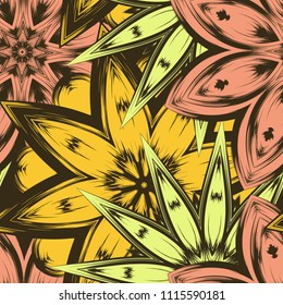 Seamless floral background. Tracery handmade nature ethnic fabric backdrop pattern with flowers. Textile design texture. Decorative color art. Vector