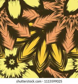 Seamless floral background. Tracery handmade nature ethnic fabric backdrop pattern with flowers. Textile design texture. Decorative color art. Vector