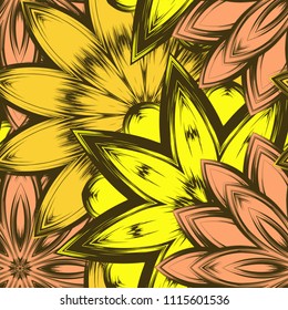 Seamless floral background. Tracery handmade nature ethnic fabric backdrop pattern with flowers. Textile design texture. Decorative color art. Vector