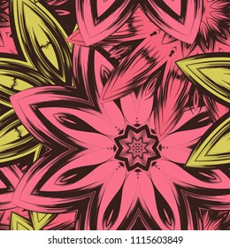 Seamless floral background. Tracery handmade nature ethnic fabric backdrop pattern with flowers. Textile design texture. Decorative color art. Vector