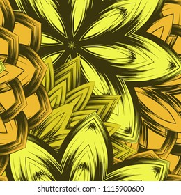 Seamless floral background. Tracery handmade nature ethnic fabric backdrop pattern with flowers. Textile design texture. Decorative color art. Vector