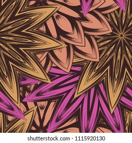 Seamless floral background. Tracery handmade nature ethnic fabric backdrop pattern with flowers. Textile design texture. Decorative color art. Vector