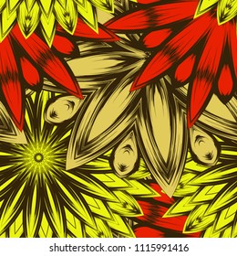 Seamless floral background. Tracery handmade nature ethnic fabric backdrop pattern with flowers. Textile design texture. Decorative color art. Vector