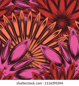 Seamless floral background. Tracery handmade nature ethnic fabric backdrop pattern with flowers. Textile design texture. Decorative color art. Vector